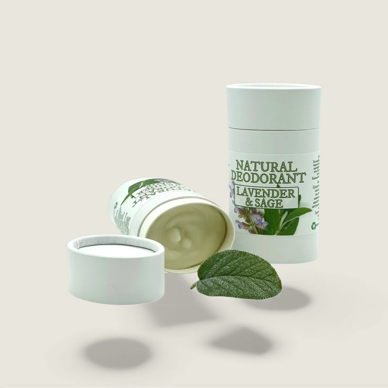 Natural deodorant with lavender and sage on a light background