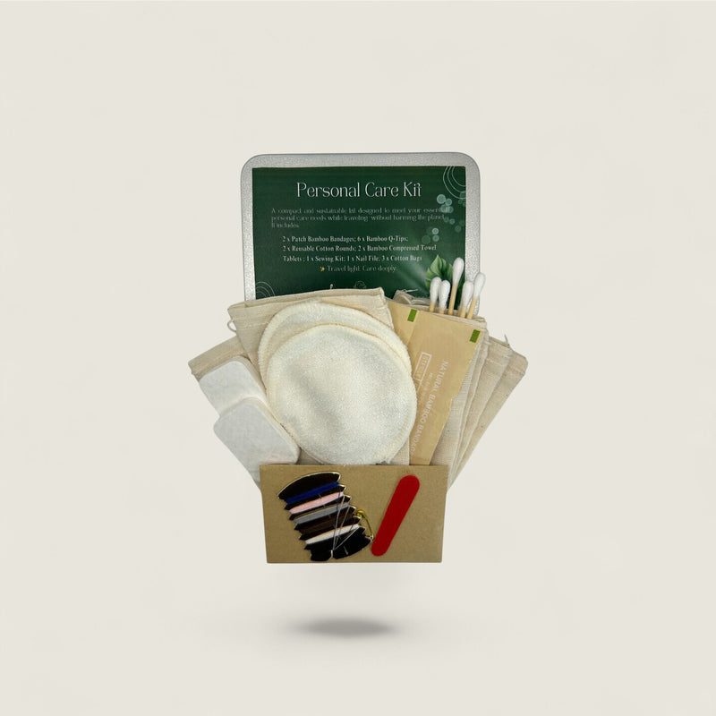 Personal care kit with various items on a light beige background
