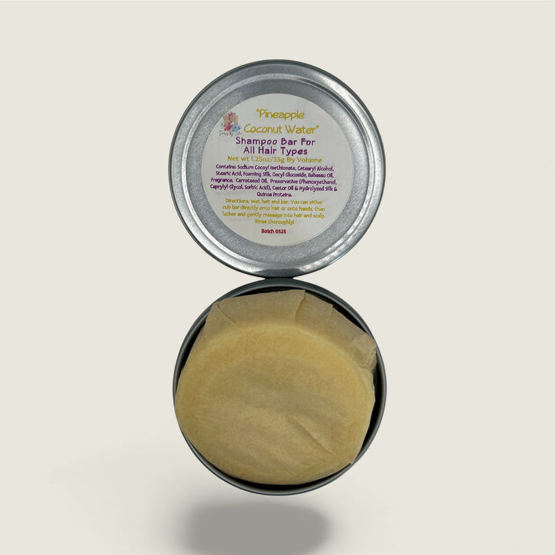 Shampoo bar in a container with a label on a light beige background