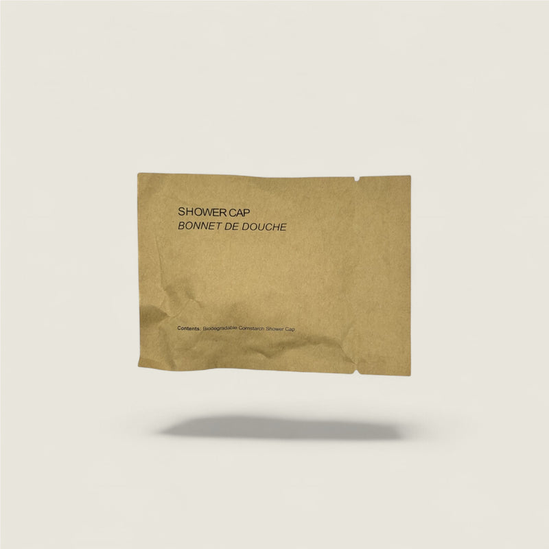 Brown paper bag with 'Shower Cap' text on a beige background