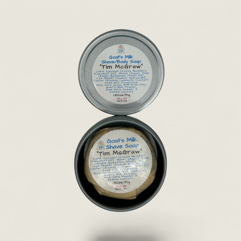 Goat's Milk Shave Soap in a tin with 'Tim McGraw' branding on a light gray background