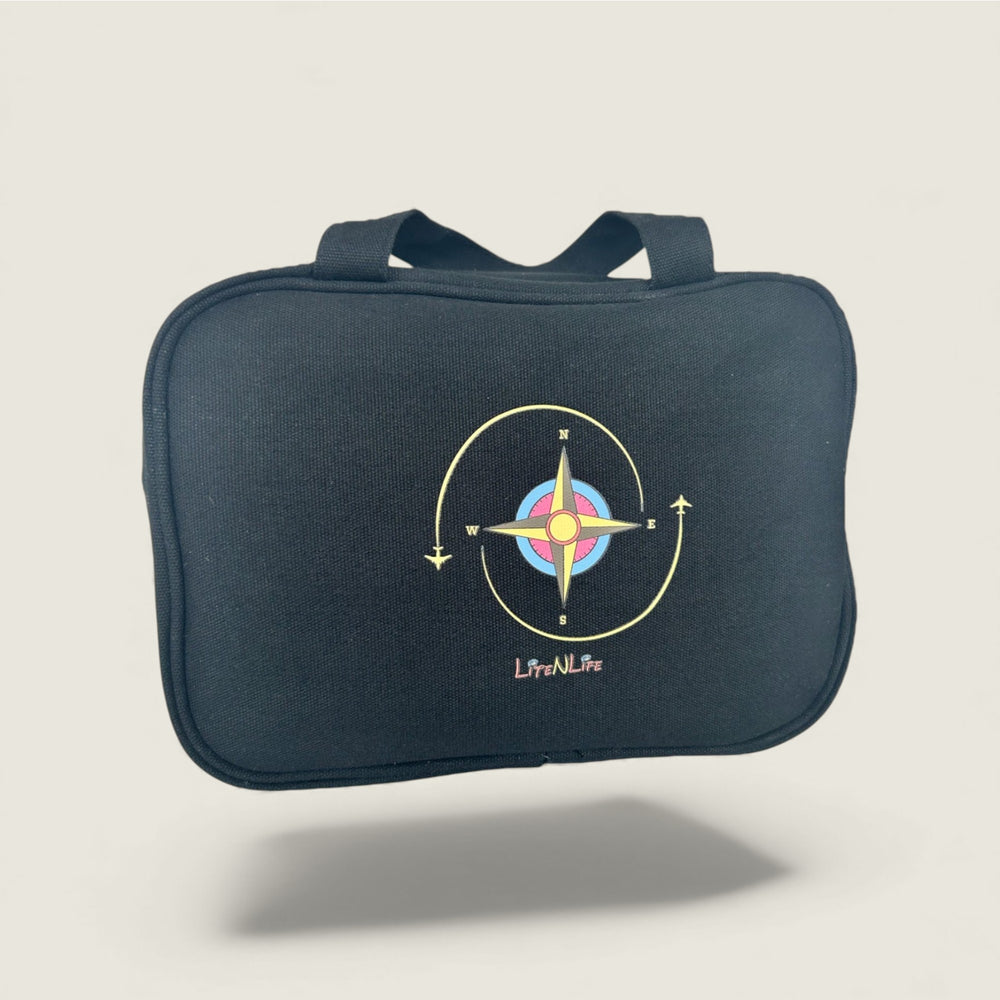 Black bag with a compass design and 'Lite n Life' logo on a beige background