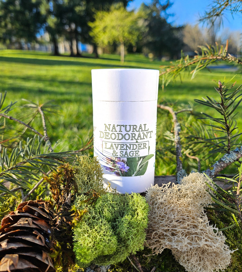 nature picture that presents the natural deodarant with lavender and sage on a mosk plateau