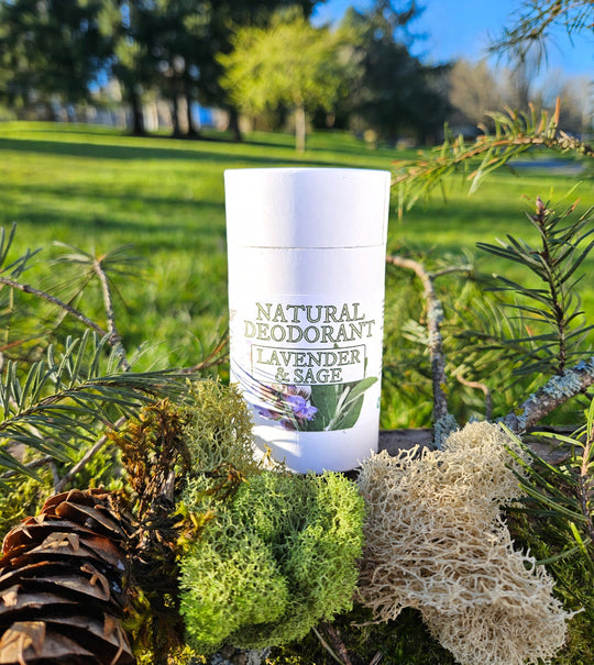 nature picture that presents the natural deodarant with lavender and sage on a mosk plateau