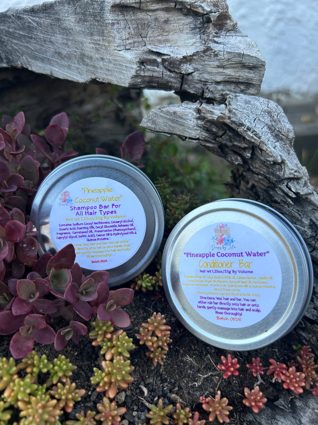 nature picture with the pinaple coconut water shampoo bar and pinaple coconut water conditionar bar